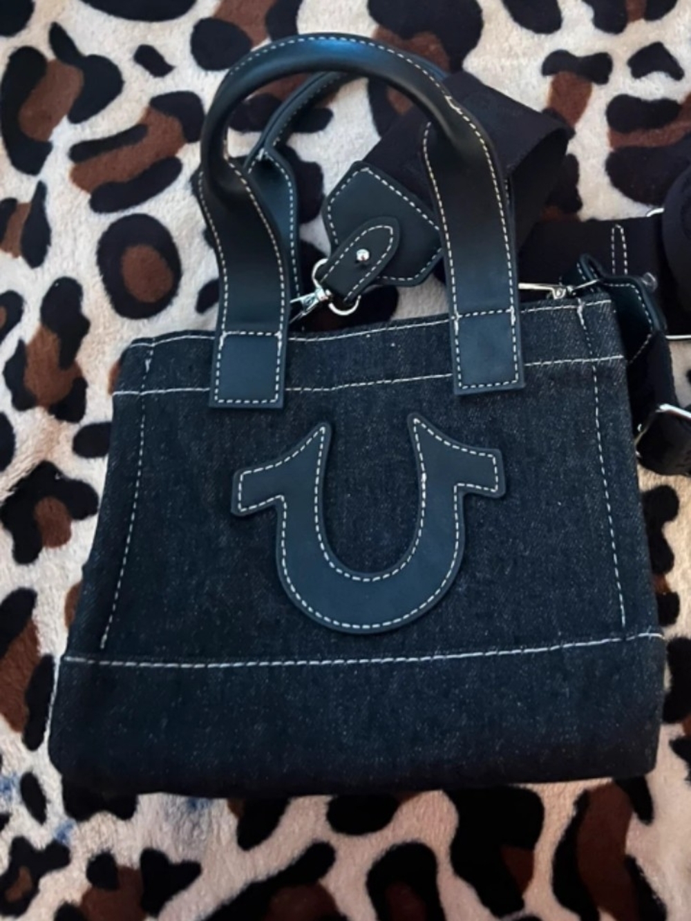 True Religion Black Denim Satchel with Contrasting Stitching